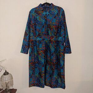 Vintage 60s Warp Knit Colorful Print Long Sleeve Dress Size 24